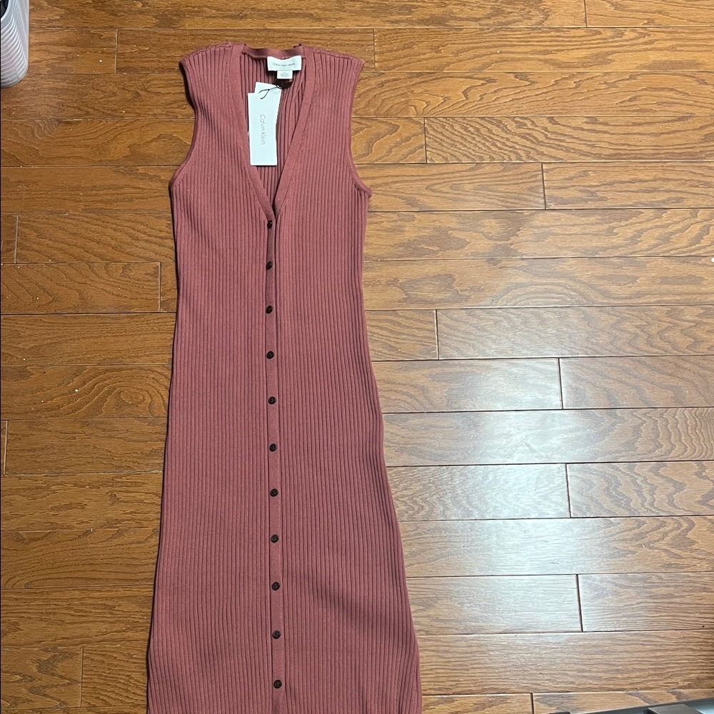 Calvin Klein Jeans Ribbed Button-Down Midi Dress in Mauve